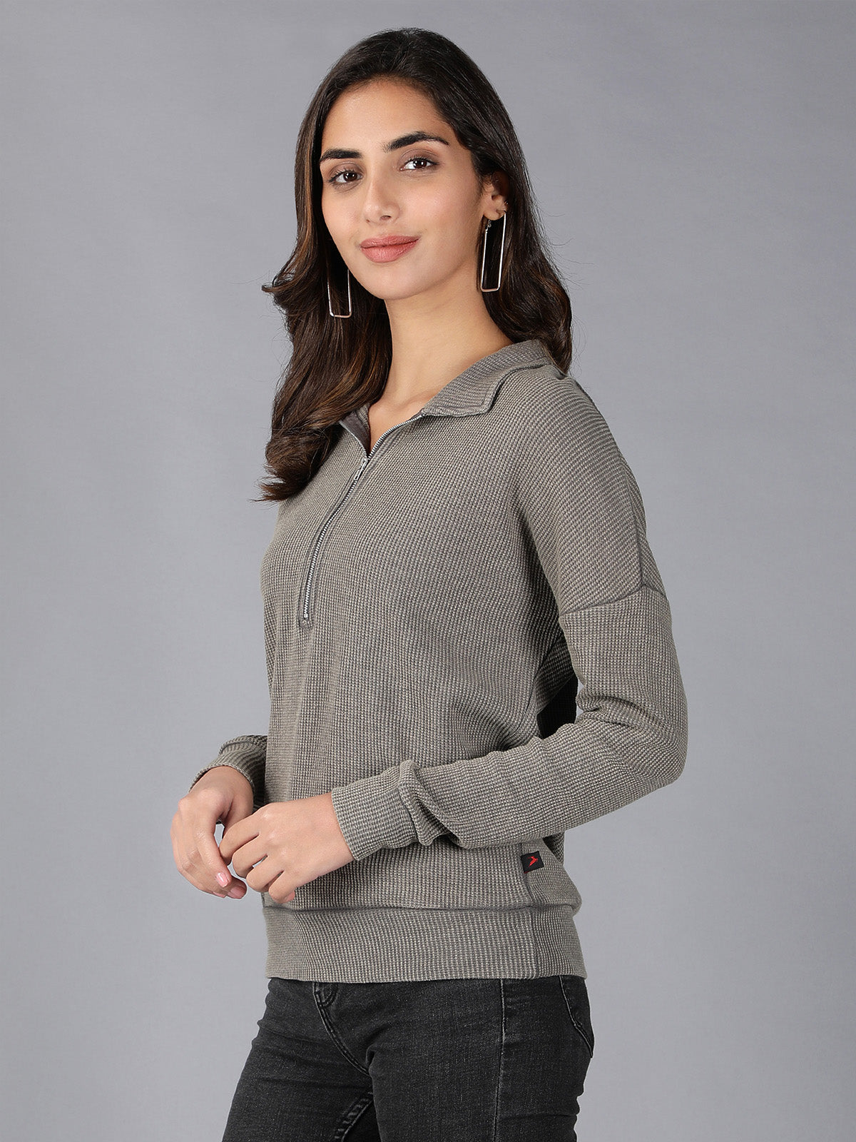 Dark Grey Full Sleeves Waffle T-Shirt for Women