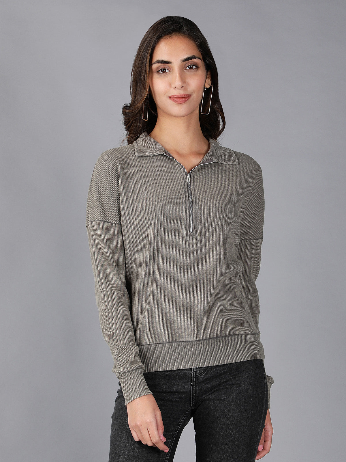 Dark Grey Full Sleeves Waffle T-Shirt for Women