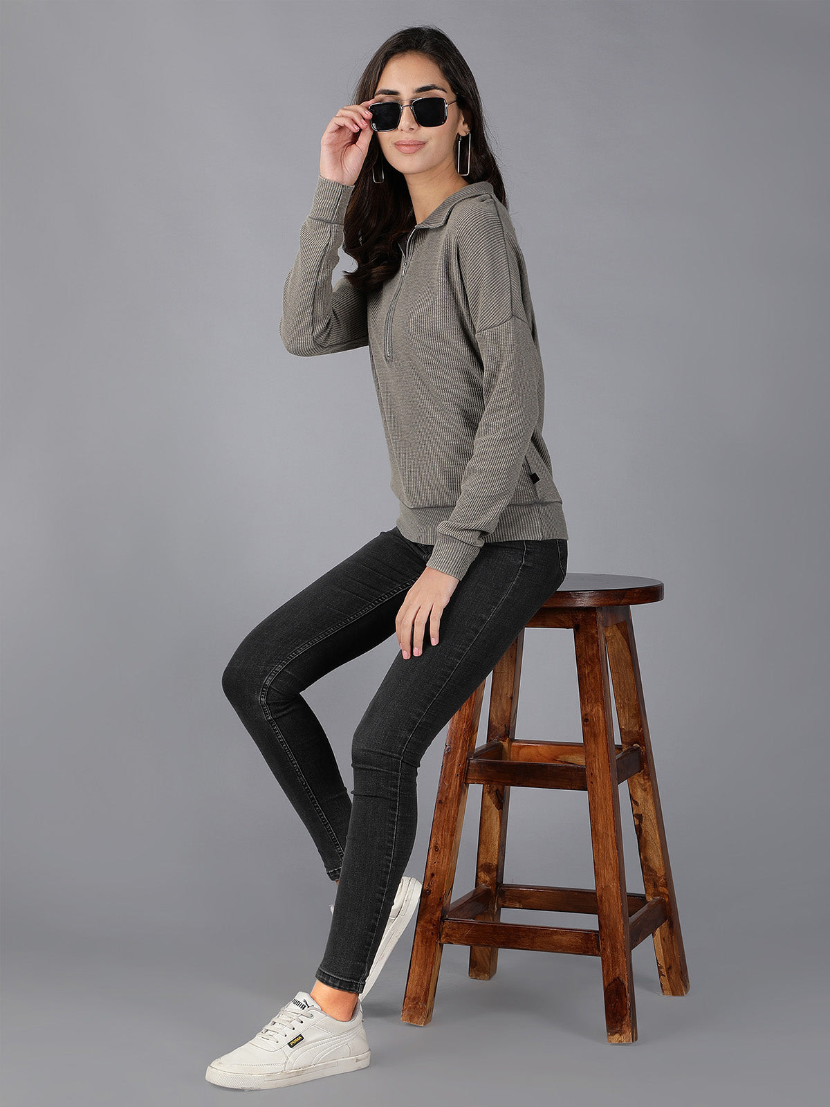 Dark Grey Full Sleeves Waffle T-Shirt for Women